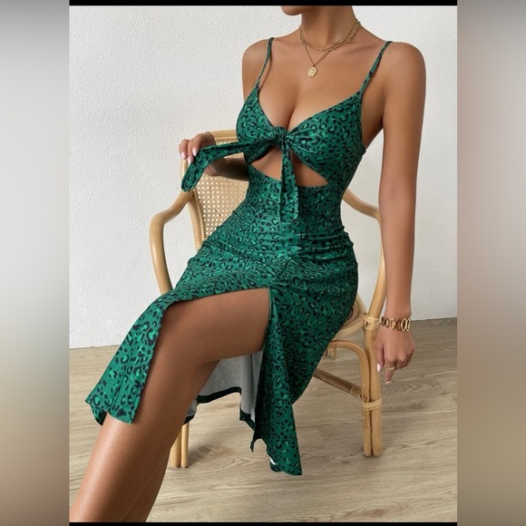 SHEIN VCAY Size L Tie Front Leopard High Split Cami Dress - Picture 6 of 8